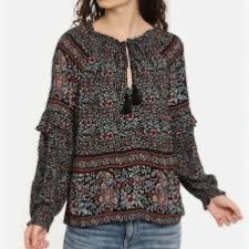 American Eagle Navy Blue Orange Floral Tassel Trim Long Sleeve Top Medium